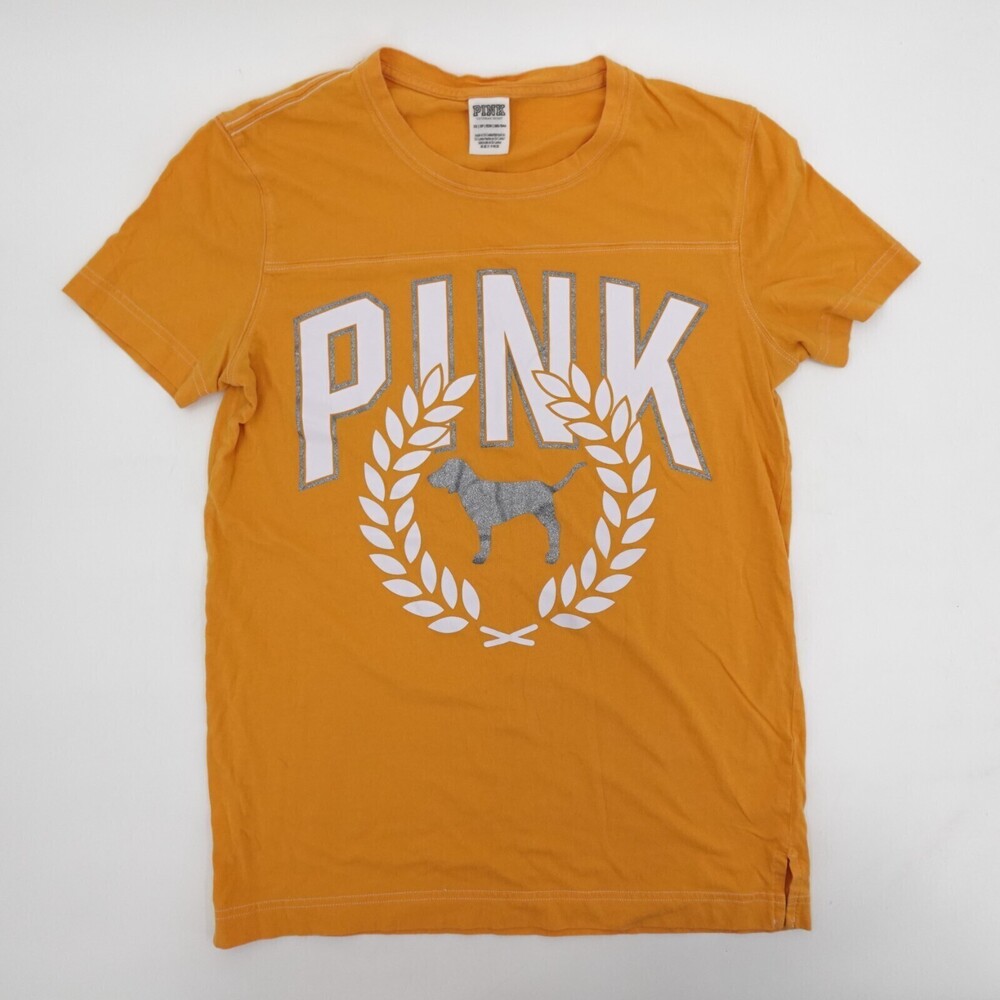 PINK Victorias Secret Shirt Womens Extra Small Gold Dog Logo Graphic Glitter